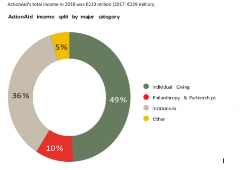 A chart showing ActionAid International's funding by category. 49% individual giving, 10% philanthropy, 36% institutions, 5% other